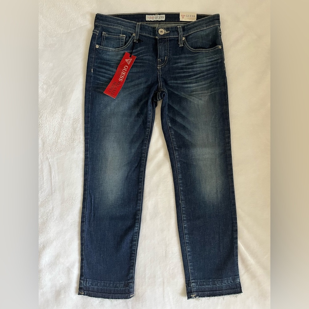 Guess Jeans Idalia Relaxed Skinny Sz 28 Dark Wash Raw Hem Cropped NWT